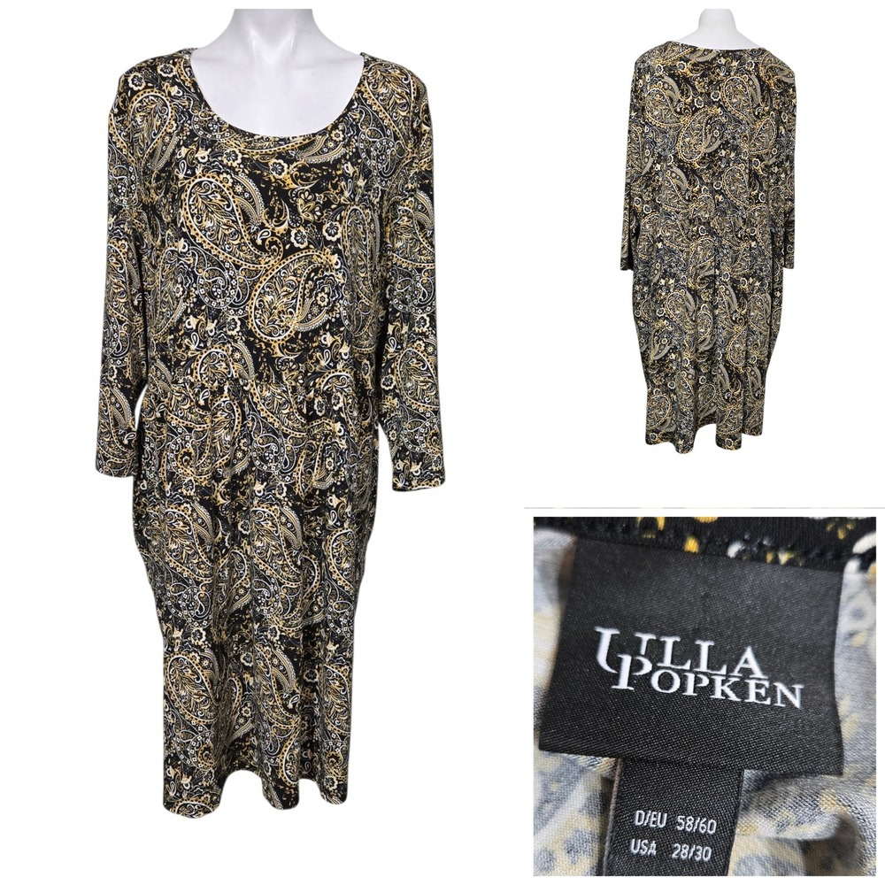 Ulla Popken Paisley Print Scoop Neck Dress Black Gold Plus Sz 28/30 fall office